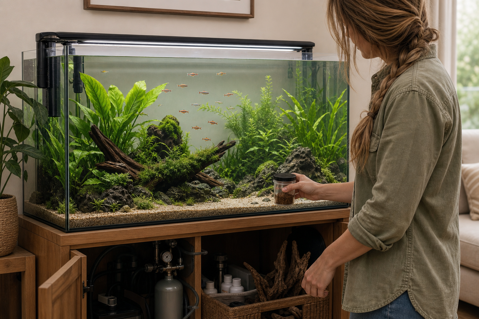 Freshwater planted aquarium care with community fish and healthy aquatic plants