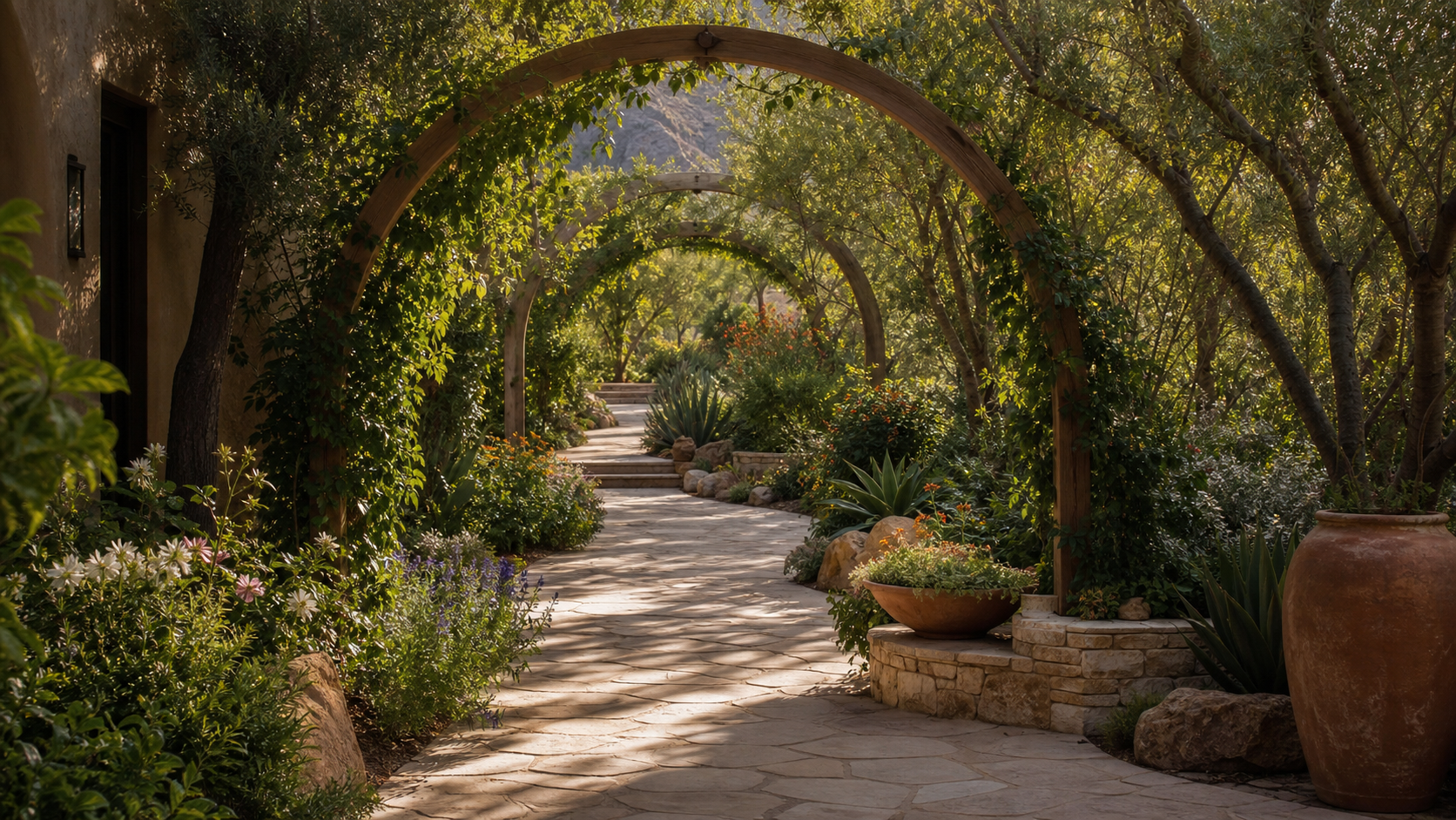 Phoenix garden walkway with arched structures and shade
