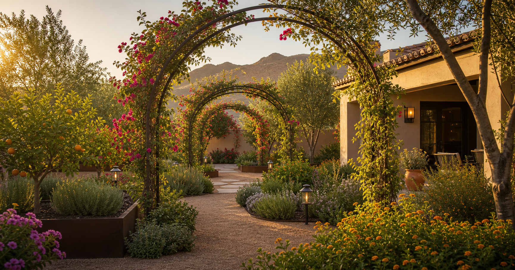 Large Phoenix garden with arched walkways and desert adapted planting