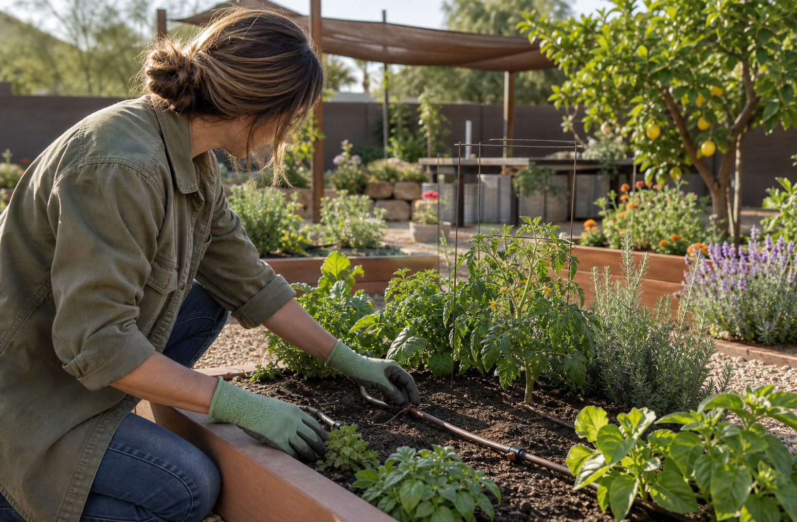 Raised bed Phoenix vegetable garden with drip irrigation and plant care