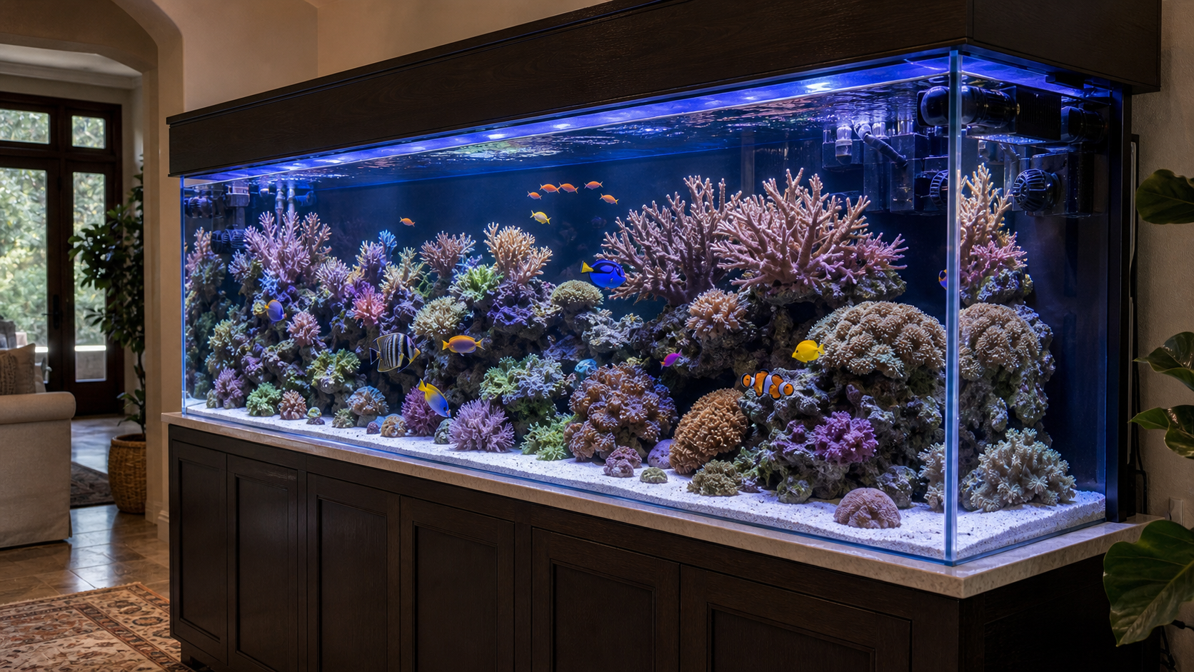Large reef aquarium viewed from the side with equipment visible